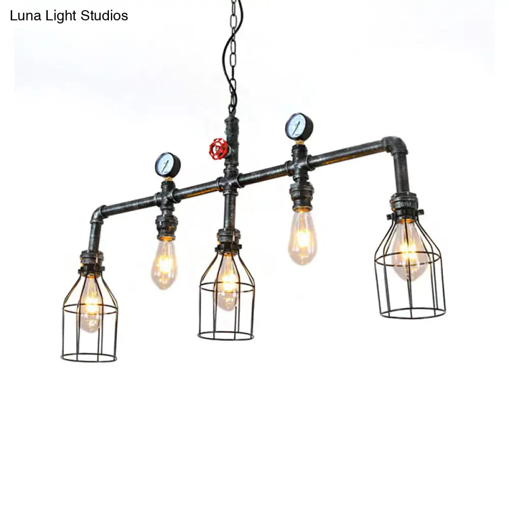 Industrial silver metallic caged hanging lamp kitchen pressure gauge