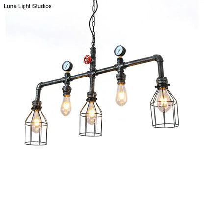 Industrial silver metallic caged hanging lamp kitchen pressure gauge