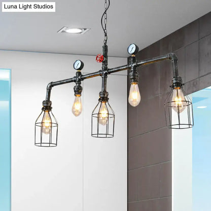 Industrial silver metallic caged hanging lamp kitchen pressure gauge