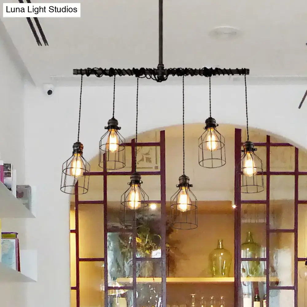 Industrial cage aged silver chandelier dining room pendant light
