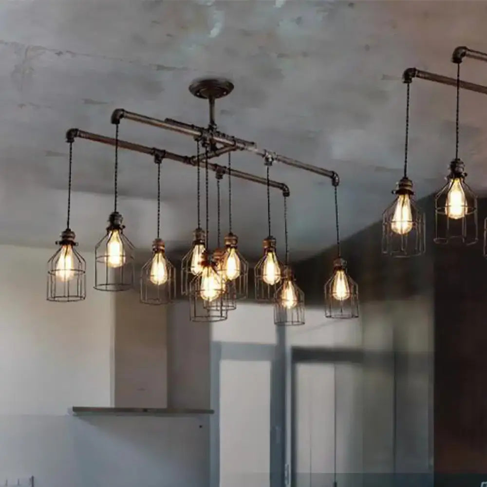 Industrial cage aged silver chandelier dining room pendant light