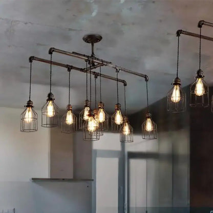 Industrial cage aged silver chandelier dining room pendant light
