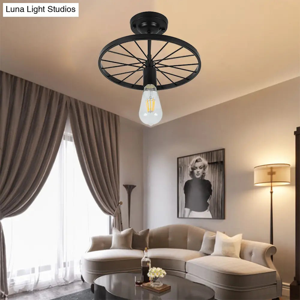 DecorBites™ Industrial Style Metal Semi Flush Ceiling Light with Black Finish - Bare Bulb Restaurant Fixture