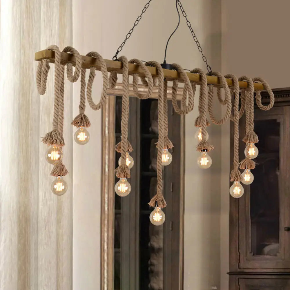 DecorBites™ Industrial-Style Wood Beige Island Chandelier - 8-Light Linear Pendant Lamp for Dining Room