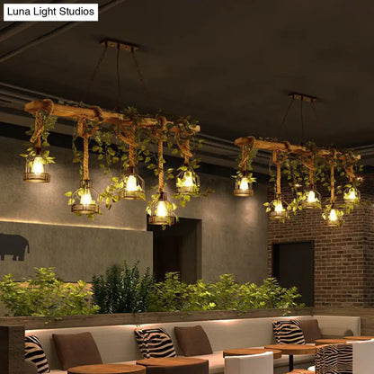DecorBites™ Industrial Style Wood Pendant Light with Cage Shade - Island Linear Chandelier Beige