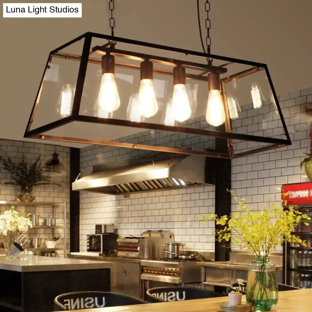 Industrial trapezoid black island lamp with clear glass kitchen light