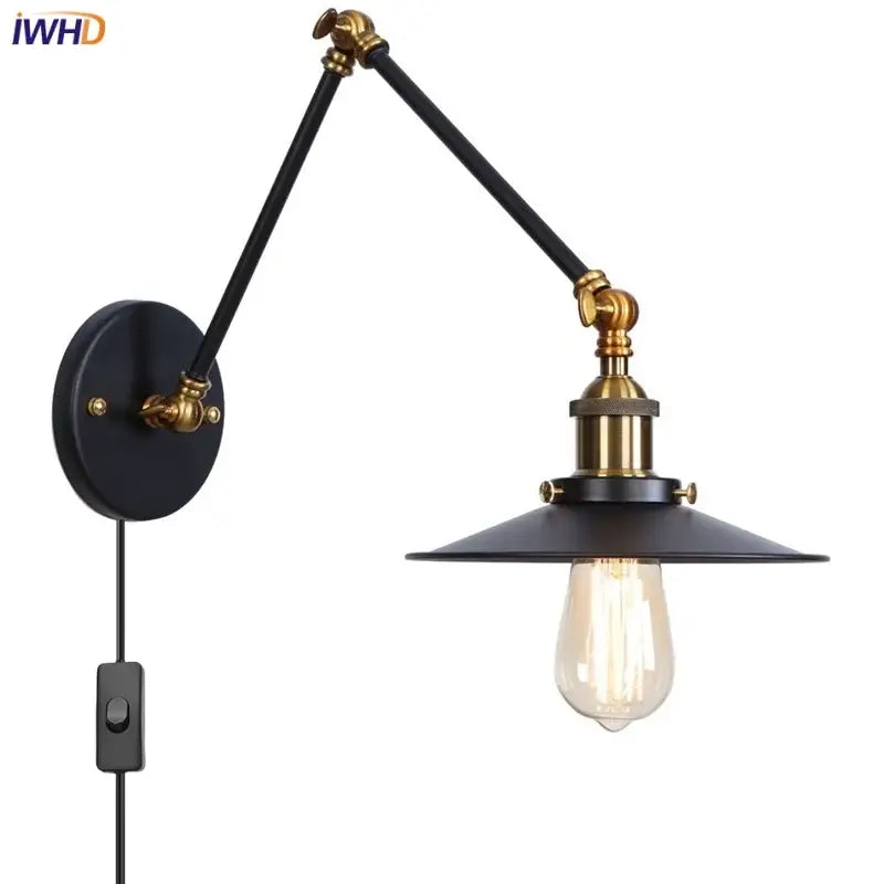 Industrial vintage black iron wall light bedroom adjustable long arm