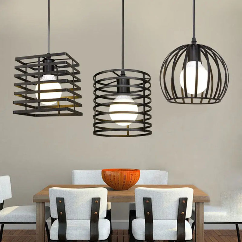 Industrial vintage black metal cage pendant light dining room set