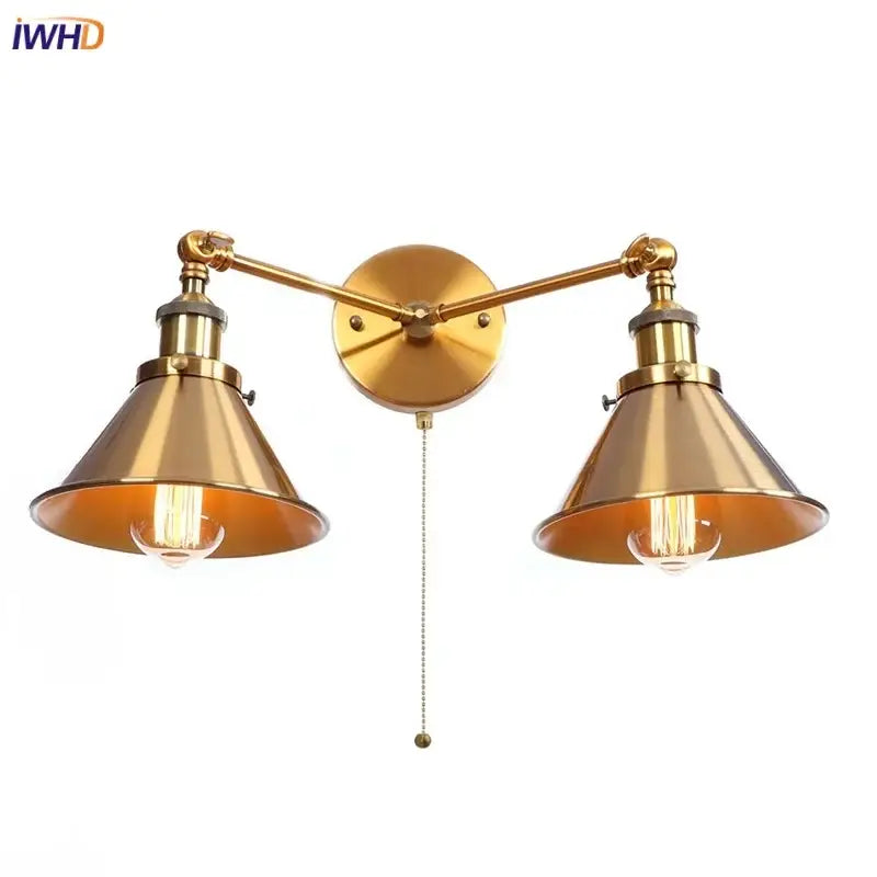 Industrial vintage led brass double arm wall light bedroom sconce