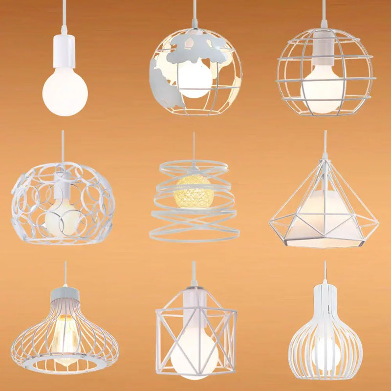 Industrial vintage white metal cage pendant lights kitchen globe decor