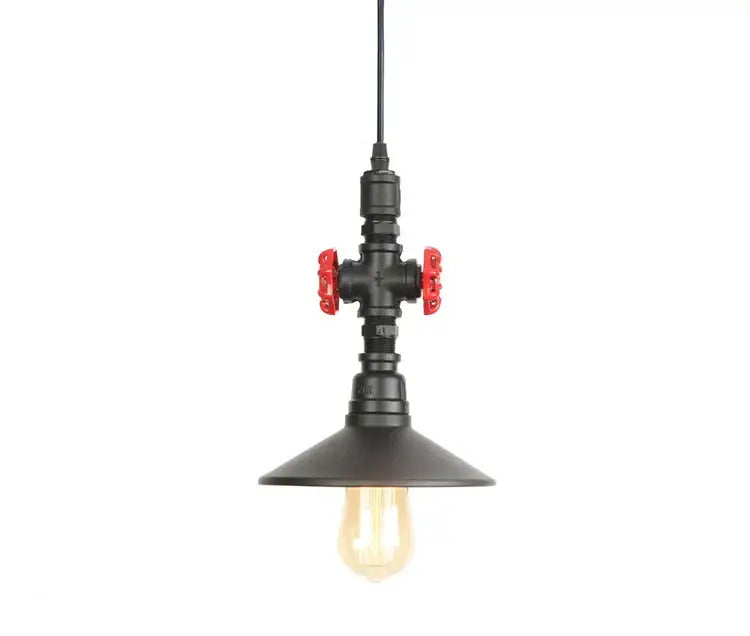 Industrial water pipe pendant light dining room with red valves