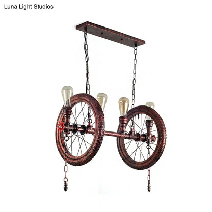 Industrial weathered copper bicycle wheel hanging light dining room