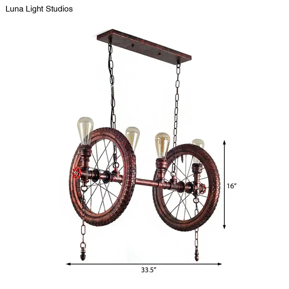 Industrial weathered copper bicycle wheel hanging light dining room