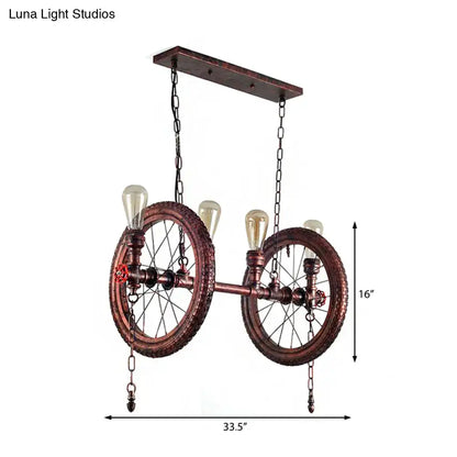 Industrial weathered copper bicycle wheel hanging light dining room