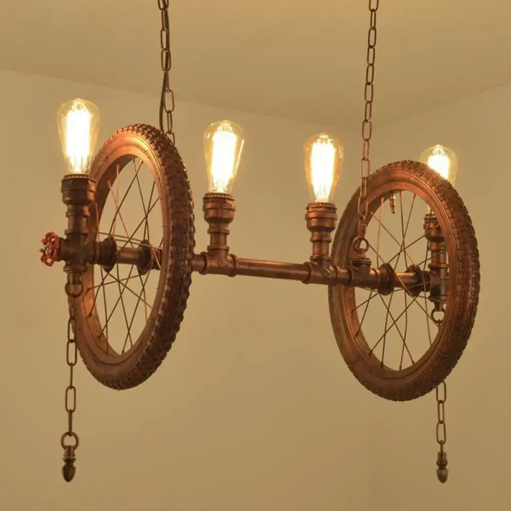 Industrial weathered copper bicycle wheel hanging light dining room