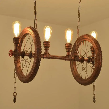Industrial weathered copper bicycle wheel hanging light dining room