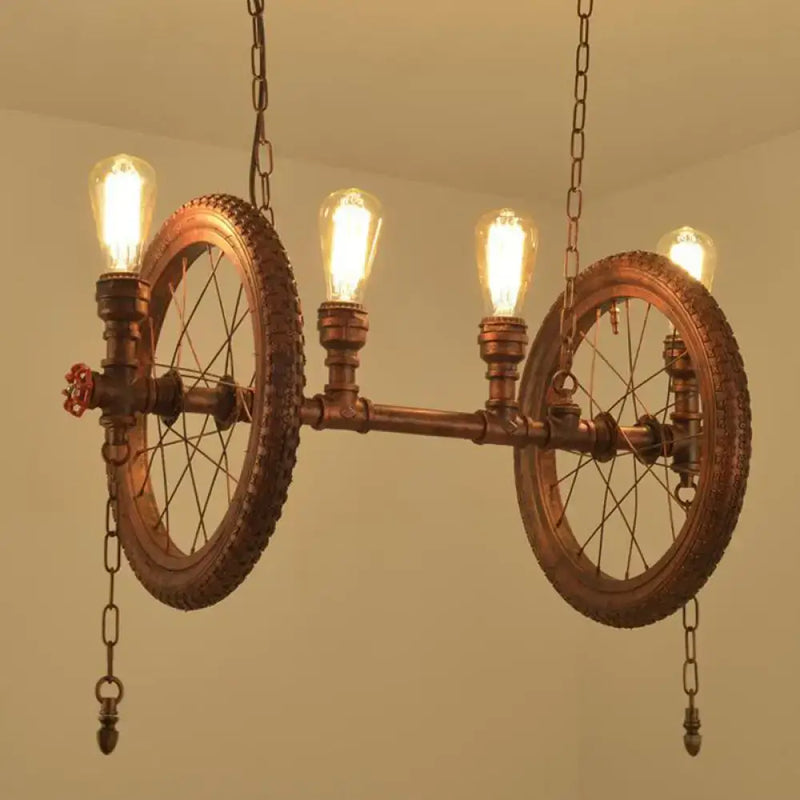 Industrial weathered copper bicycle wheel hanging light dining room