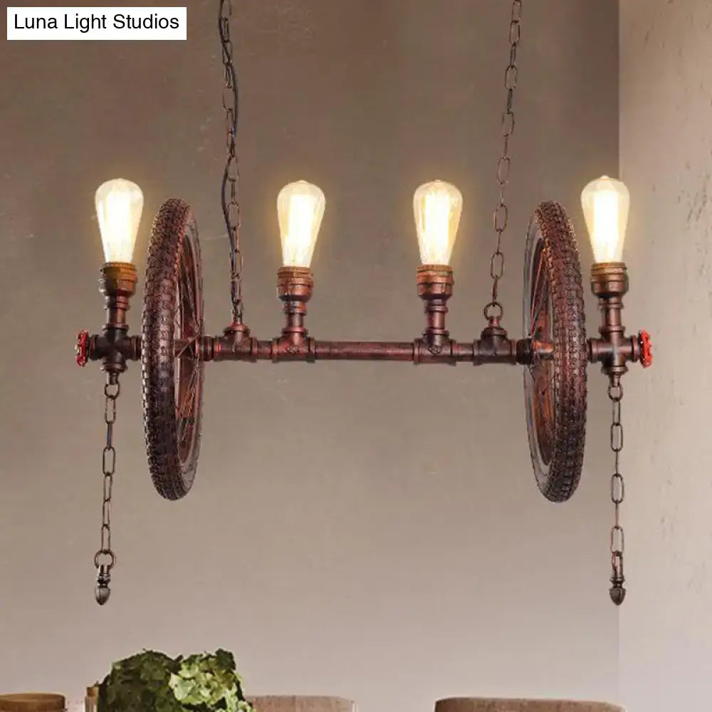 Industrial weathered copper bicycle wheel hanging light dining room