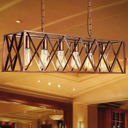 Industrial weathered copper metal cross pendant light dining room