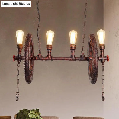 DecorBites™ Industrial Weathered Copper Wheel 4-Bulb Hanging Light Kit for Dining Room Island