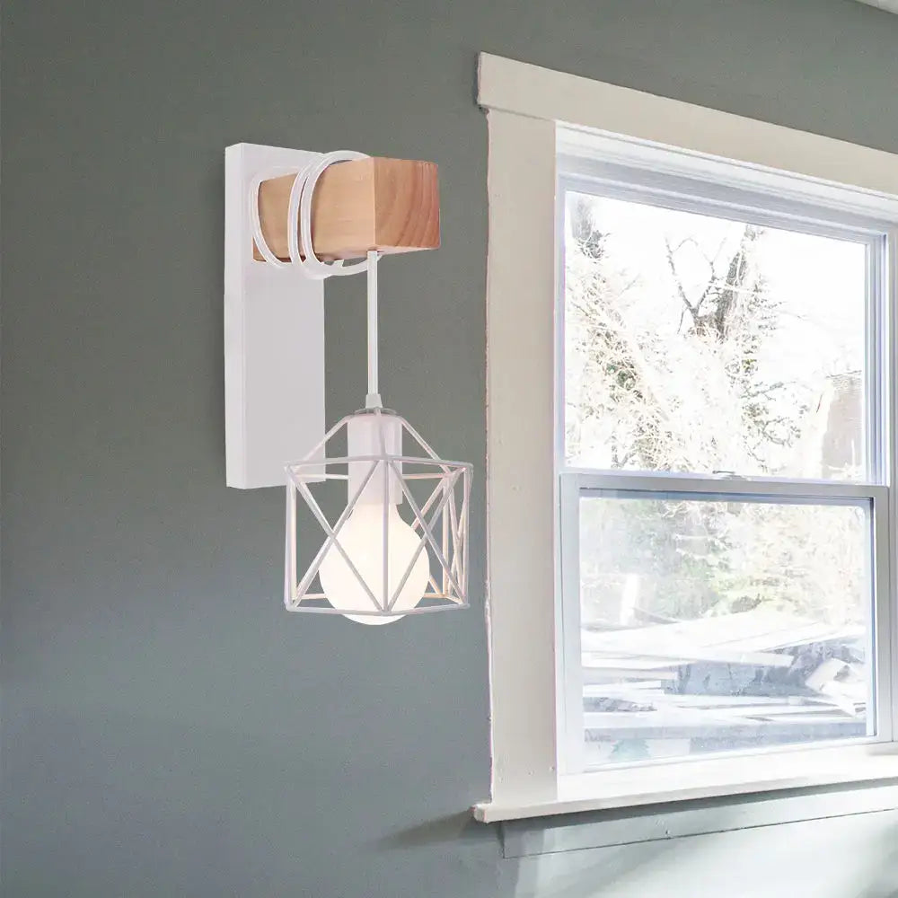 Industrial white and brass wall sconce – bedroom geometric lighting