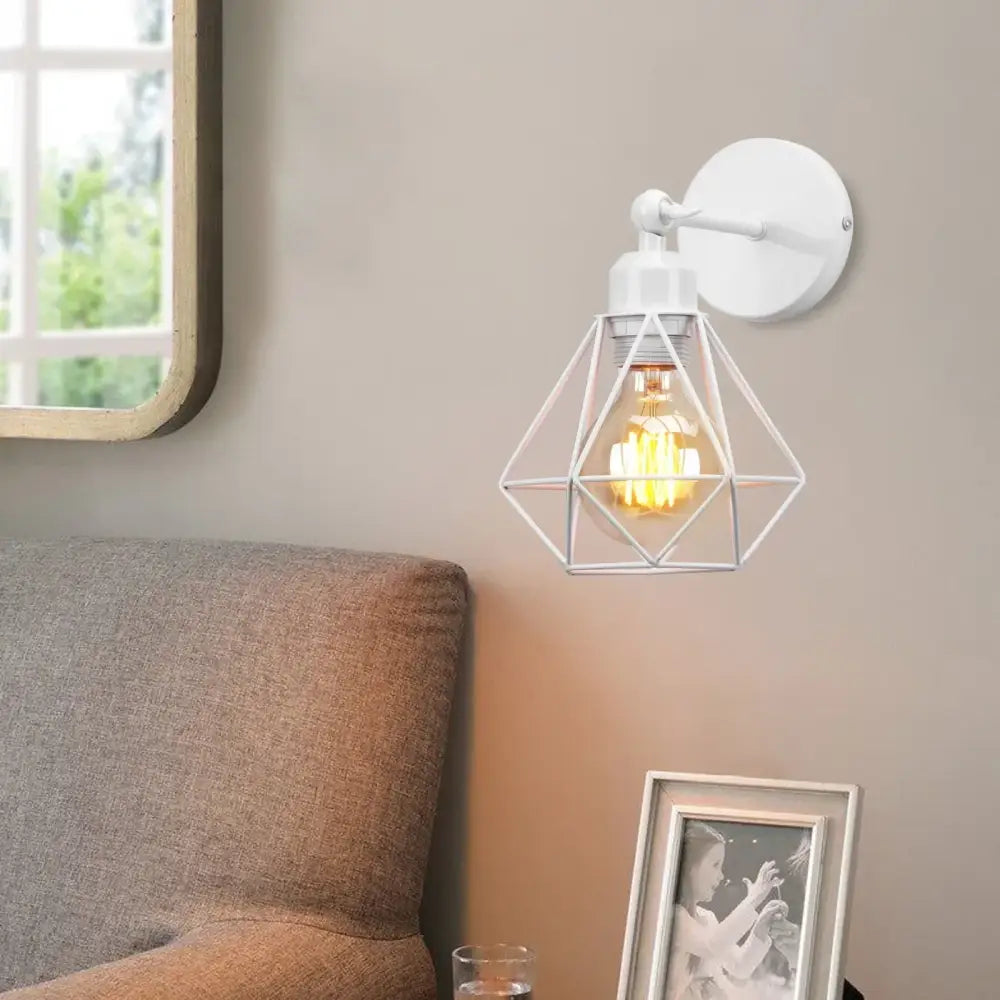 Industrial white and brass wall sconce – bedroom geometric lighting