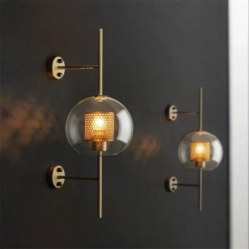 Industrial wind grid brass wall lamp living room glass globe sconce