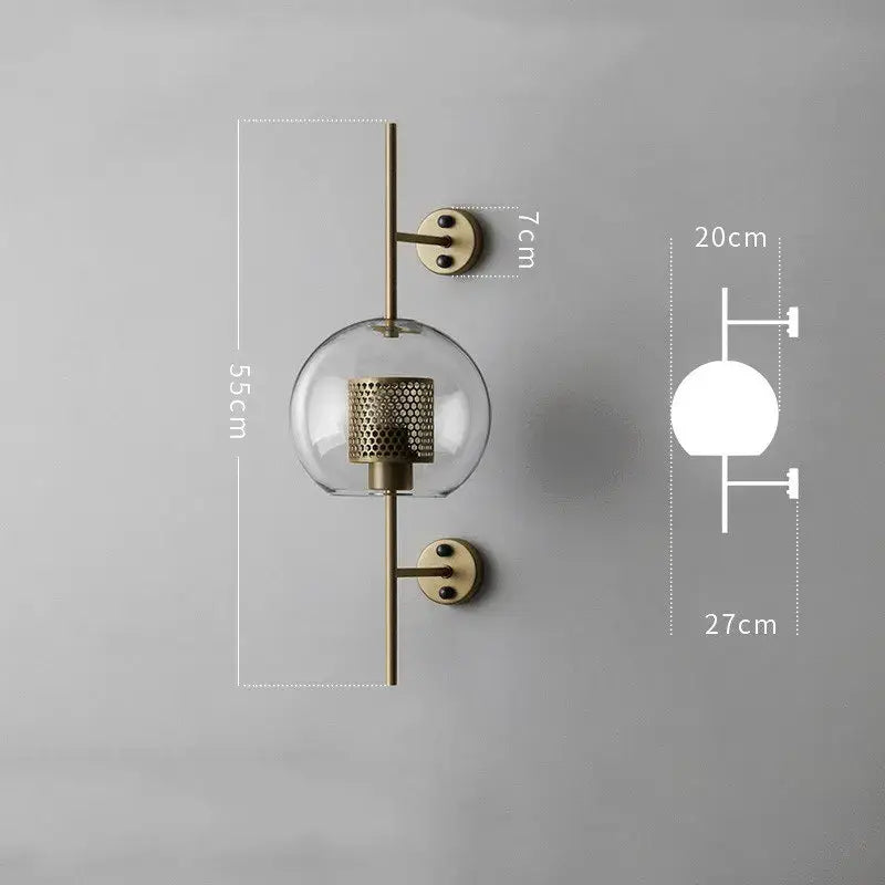 Industrial wind grid brass wall lamp living room glass globe sconce
