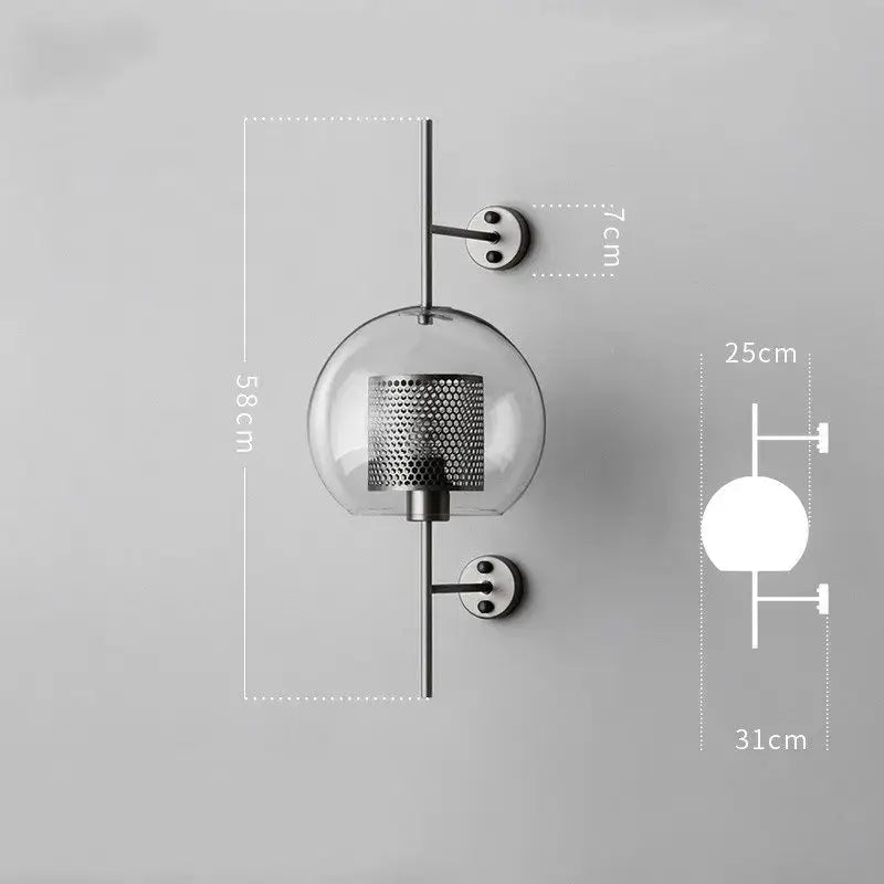 Industrial wind grid brass wall lamp living room glass globe sconce