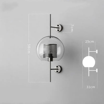 Industrial wind grid brass wall lamp living room glass globe sconce