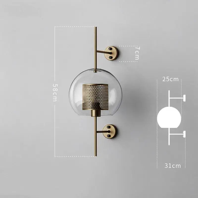 Industrial wind grid brass wall lamp living room glass globe sconce