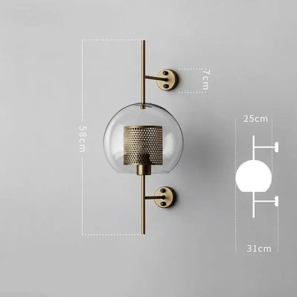 Industrial wind grid brass wall lamp living room glass globe sconce