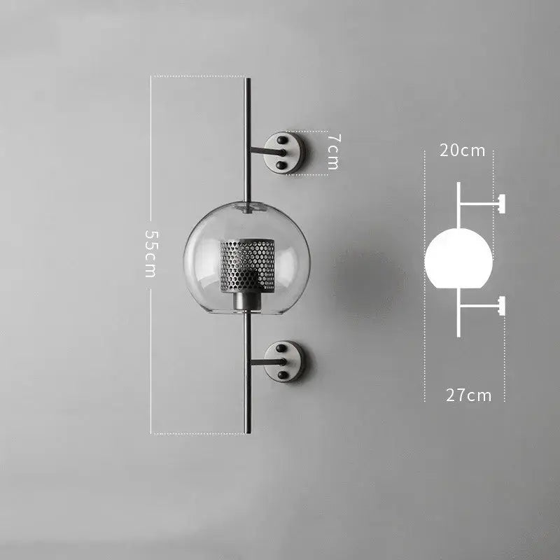 Industrial wind grid brass wall lamp living room glass globe sconce