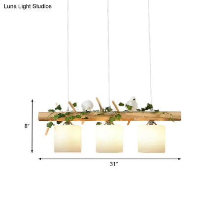 Industrial wood and bird 3-light pendant dining room chain cord