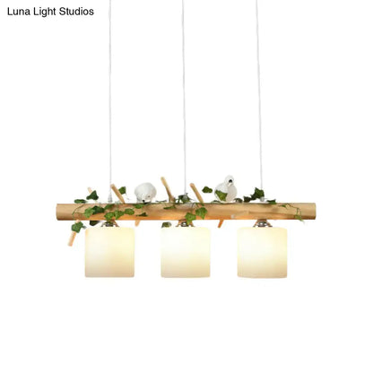 Industrial wood and bird 3-light pendant dining room chain cord