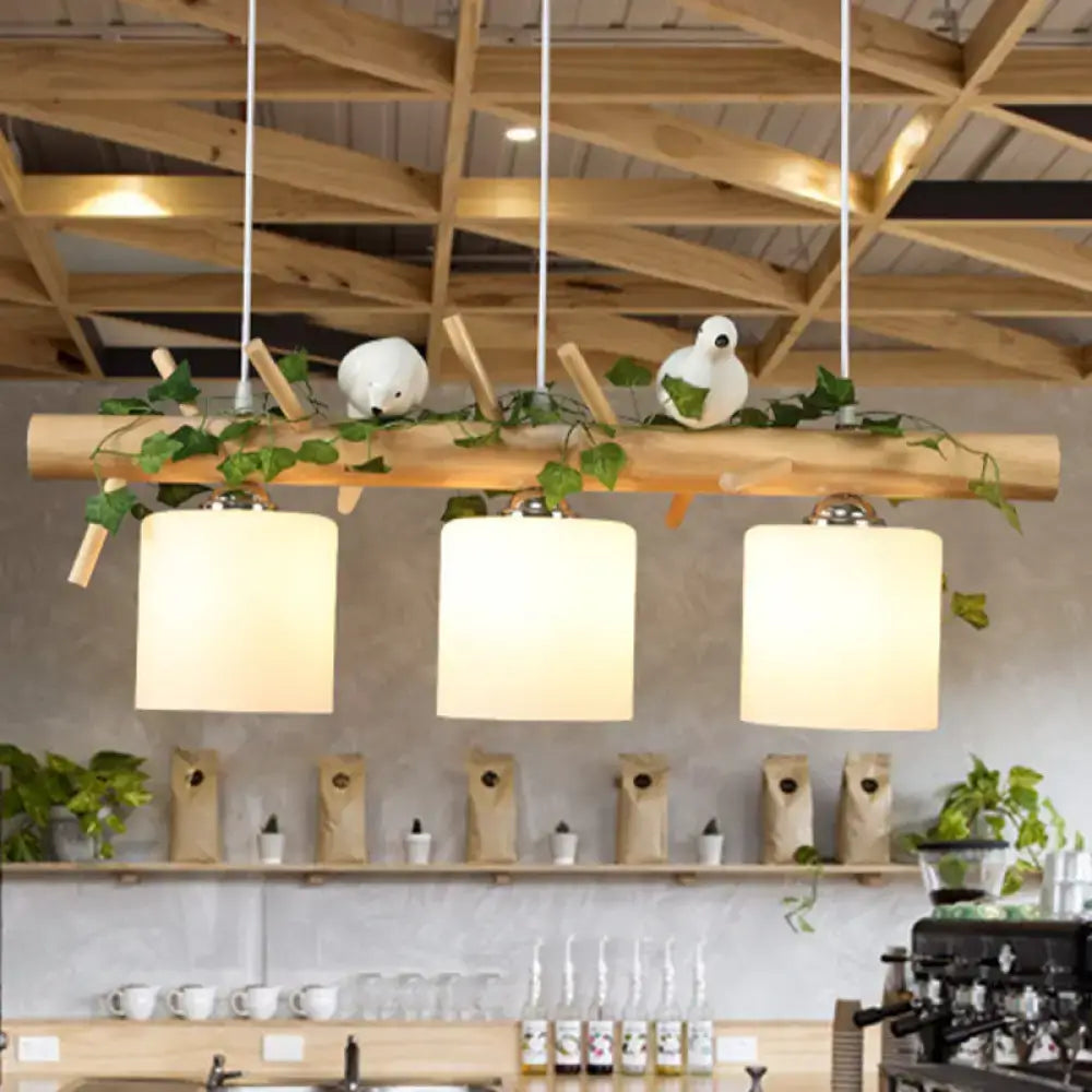 Industrial wood and bird 3-light pendant dining room chain cord