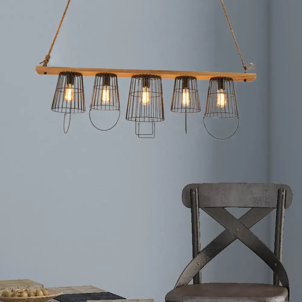 Industrial wood and black metal cage pendant light living room