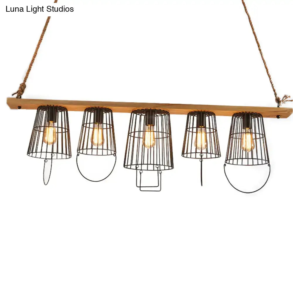 Industrial wood and black metal cage pendant light living room