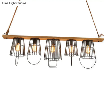 Industrial wood and black metal cage pendant light living room