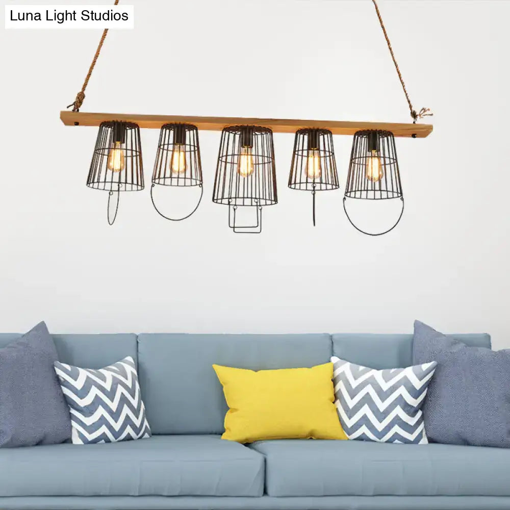 Industrial wood and black metal cage pendant light living room