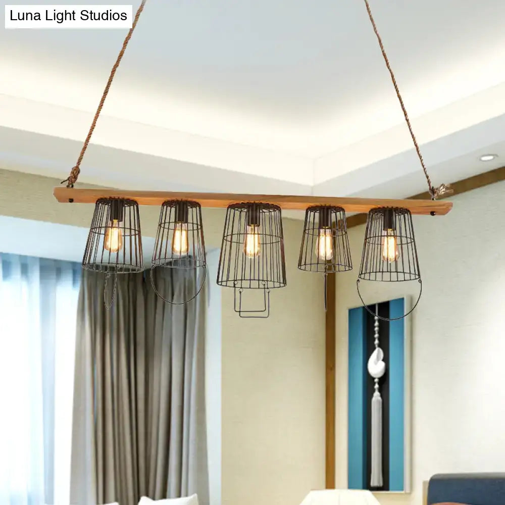 Industrial wood and black metal cage pendant light living room