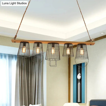 Industrial wood and black metal cage pendant light living room
