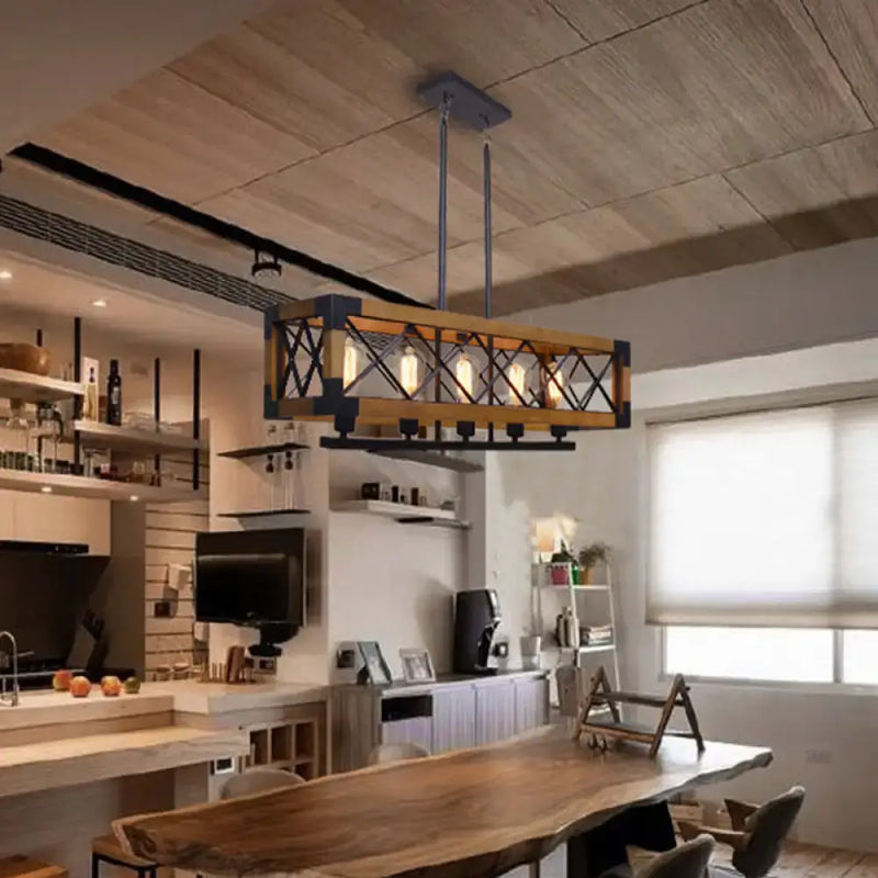 Industrial wood and black metal pendant light dining room four bulb
