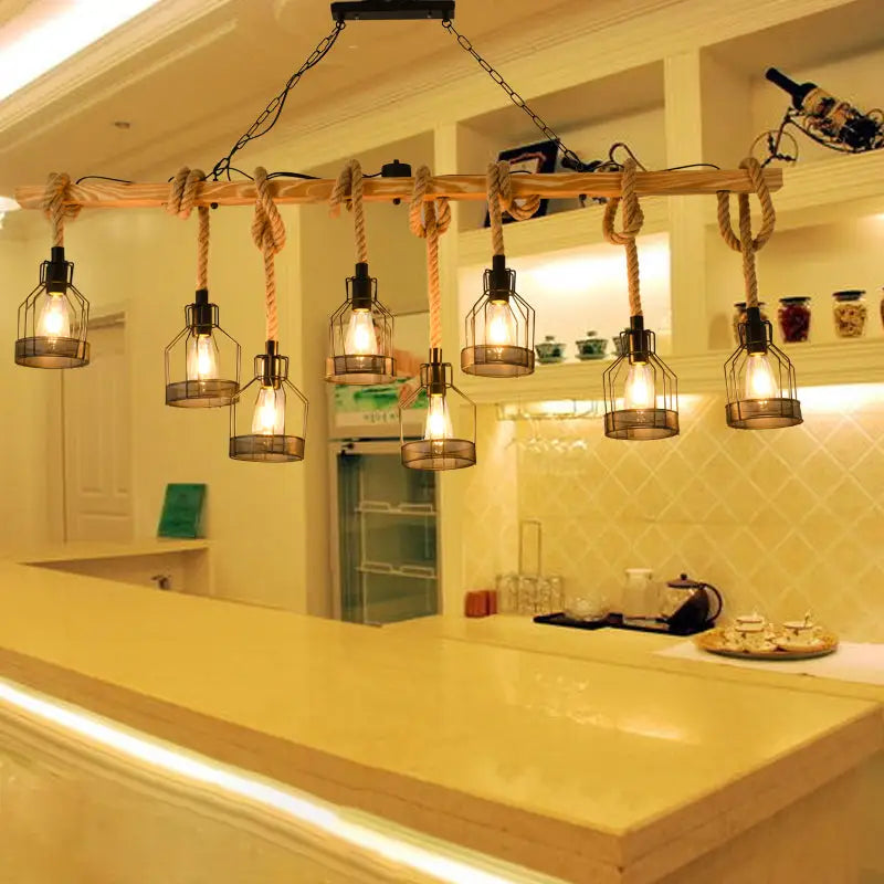 Industrial wood and metal bottle cage farmhouse pendant lamp dining room