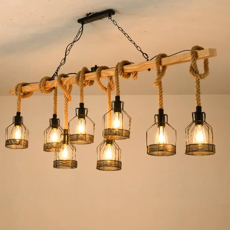 Industrial wood and metal bottle cage farmhouse pendant lamp dining room