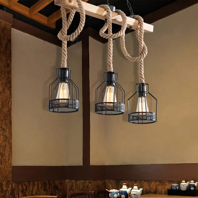 Industrial wood and metal bottle cage farmhouse pendant lamp dining room