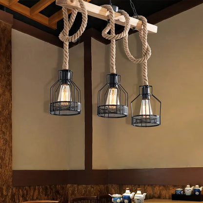 Industrial wood and metal bottle cage farmhouse pendant lamp dining room