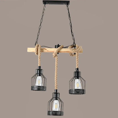 Industrial wood and metal bottle cage farmhouse pendant lamp dining room