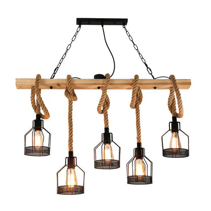 Industrial wood and metal bottle cage farmhouse pendant lamp dining room