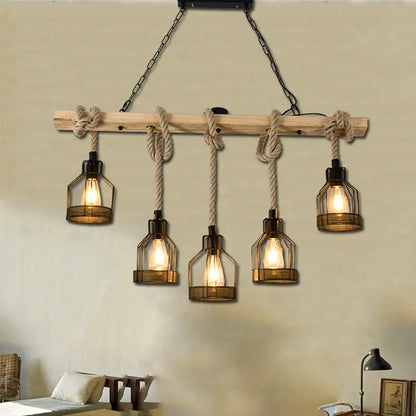 Industrial wood and metal bottle cage farmhouse pendant lamp dining room